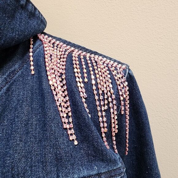 Upcycled Custom Jean Jacket Size 10 With Pink Rhinestone Fringe - Picture 5 of 8